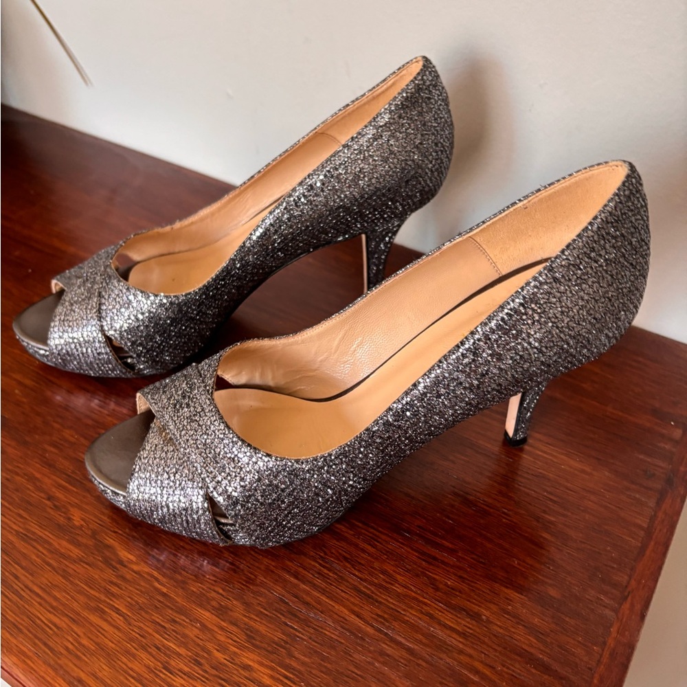 Kate Spade Billie Silver Sparkle Glitter Peep Toe Heels size 6.5